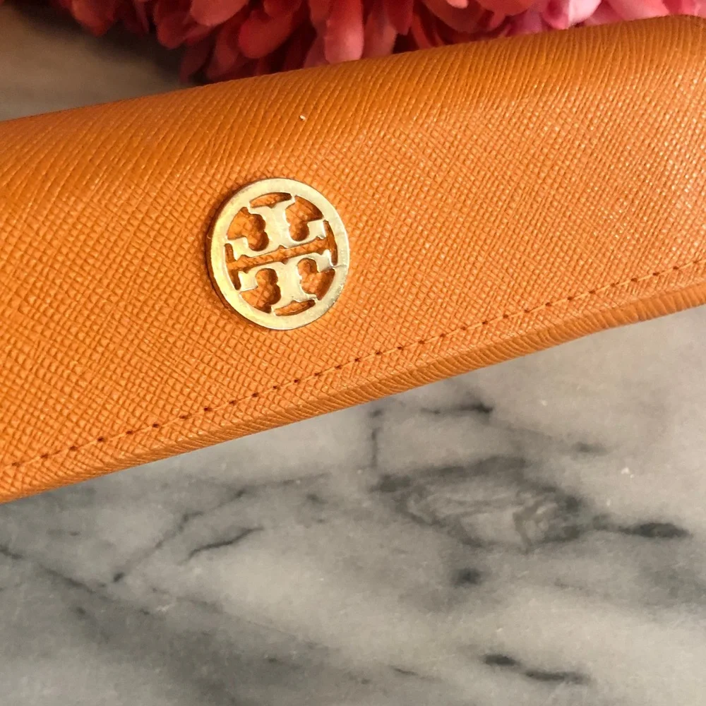 TORY BURCH orange leather eye glasses case triangle snap close gold Miller logo